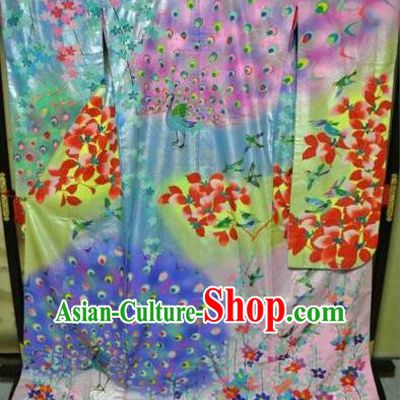 Traditional Asian Japan Clothing Japanese Fashion Apparel Printing Peacock Furisode Kimono Costume for Women