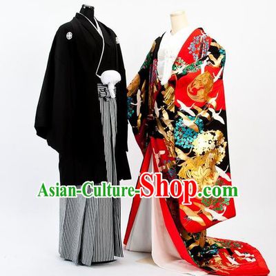Traditional Japanese Wedding Red Costumes Bride and Bridegroom Kimono Clothing for Women for Men