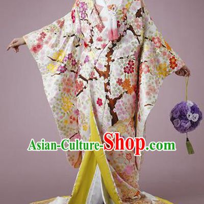 Traditional Asian Japan Costume Japanese Fashion Apparel Printing Flowers Furisode Kimono for Women