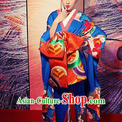 Traditional Asian Japan Costume Japanese Apparel Blue Furisode Kimono for Women