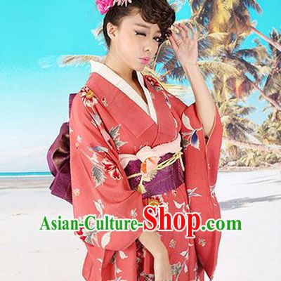 Traditional Asian Japan Costume Japanese Apparel Red Yukata Dress Furisode Kimono for Women