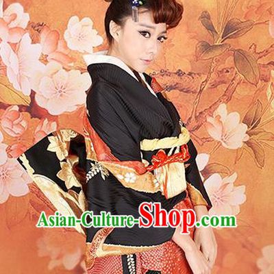 Traditional Asian Japan Costume Japanese Apparel Black Yukata Dress Furisode Kimono for Women