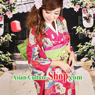 Traditional Asian Japan Costume Japanese Apparel Rosy Yukata Dress Furisode Kimono for Women