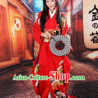 Traditional Asian Japan Wedding Costume Japanese Apparel Red Yukata Dress Furisode Kimono for Women