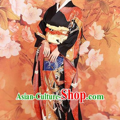 Traditional Asian Japan Wedding Costume Japanese Apparel Black Yukata Dress Furisode Kimono for Women