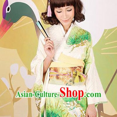 Traditional Asian Japan Wedding Costume Japanese Apparel Green Yukata Dress Furisode Kimono for Women