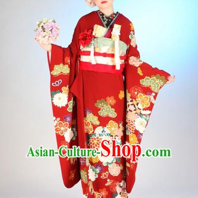 Traditional Asian Japan Geisha Costume Japanese Red Yukata Dress Furisode Kimono for Women