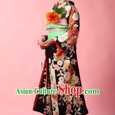 Traditional Asian Japan Geisha Costume Japanese Black Yukata Dress Furisode Kimono for Women