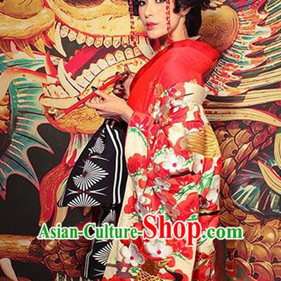 Traditional Asian Japan Bride Costume Red Yukata Dress Japanese Wedding Furisode Kimono for Women