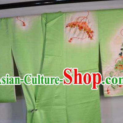 Japan Traditional Furisode Kimonos Costume Japanese Printing Flowers Green Yukata Dress for Women