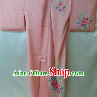 Traditional Japan Palace Costume Pink Dress Furisode Kimono Japanese Yukata for Women