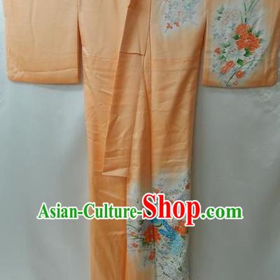 Traditional Japan Palace Furisode Kimono Costume Orange Dress Japanese Yukata for Women