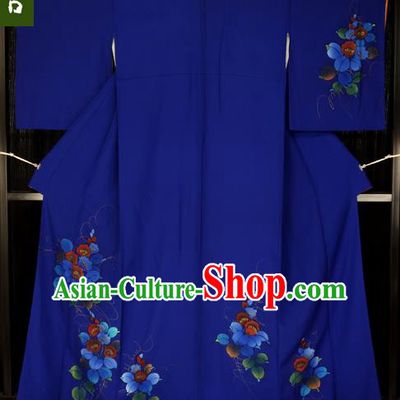 Japan Palace Lady Royalblue Furisode Kimono Costume Traditional Japanese Yukata Dress for Women