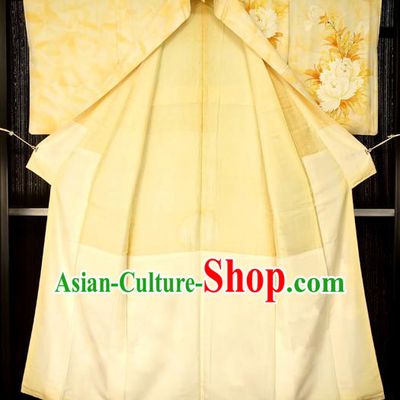 Traditional Japan Palace Printing Flowers Furisode Kimono Costume Japanese Yellow Yukata Dress for Women