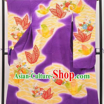 Asian Japan Costume Traditional Butterfly Purple Furisode Kimono Japanese Yukata Dress for Women