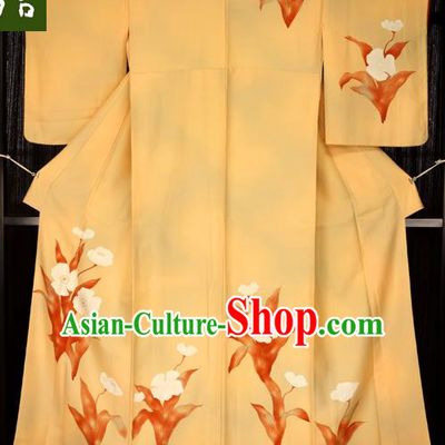 Asian Japan Yellow Furisode Kimono Palace Costume Traditional Japanese Yukata Dress for Women