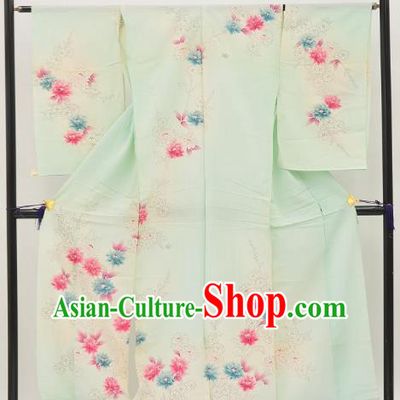 Asian Japan Painting Flowers Green Furisode Kimono Palace Costume Traditional Japanese Yukata Dress for Women