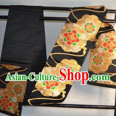 Traditional Japanese Kimono Black Brocade Belts Kimonos Yukata Waistband for Women