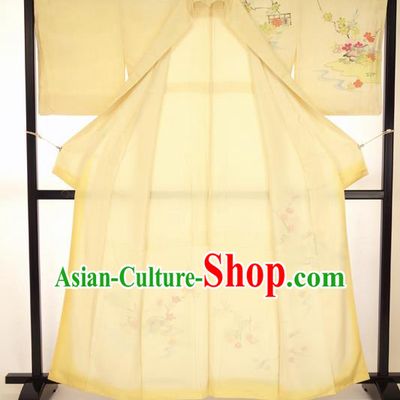 Asian Japan Yellow Furisode Kimono Formal Costume Traditional Japanese Yukata Dress for Women