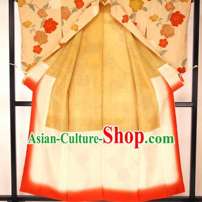 Japan Traditional Formal Costume Printing Flowers Furisode Kimono Yukata Dress for Women