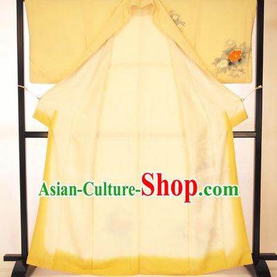 Japan Traditional Formal Costume Printing Flowers Furisode Kimono Yellow Yukata Dress for Women