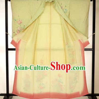 Japan Traditional Formal Costume Printing Flowers Furisode Kimono Green Yukata Dress for Women