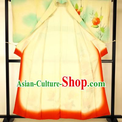 Japan Traditional Formal Kimono Costume Green Furisode Kimonos Printing Yukata Dress for Women