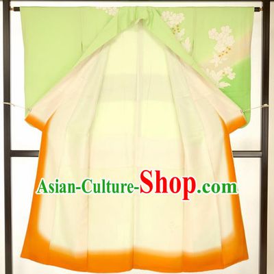Japan Traditional Formal Kimono Costume Green Furisode Kimonos Printing Yukata Dress for Women
