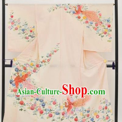 Japan Traditional Palace Furisode Kimonos Printing Peacock Yukata Dress Formal Costume for Women