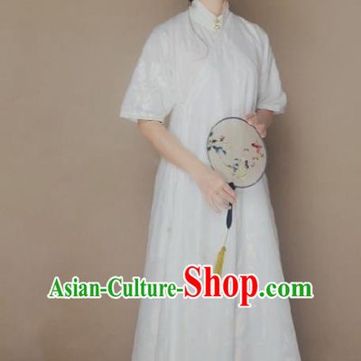 Ancient Chinese National Costumes White Cheongsam Dress for Women