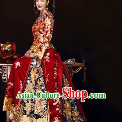 Chinese Traditional Phoenix Embroidery Wedding Dress Garment and Hair Jewelry Complete Set for Brides