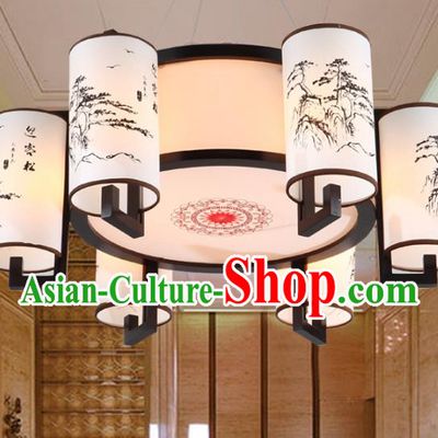 Chinese Handmade Printing Pineburst Lantern Traditional Palace Six-Lights Ceiling Lamp Ancient Hanging Lanterns