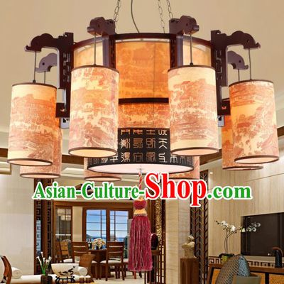 Chinese Handmade Wood Lantern Traditional Palace Eight-Lights Hanging Ceiling Lamp Ancient Lanterns