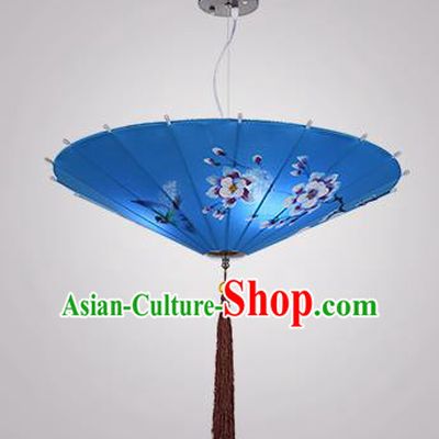 Chinese Classical Handmade Printing Umbrella Palace Lanterns Traditional Blue Hanging Lantern Ancient Ceiling Lamp