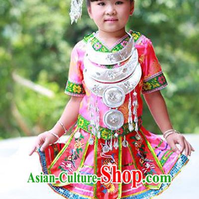 Traditional Chinese Miao Minority Nationality Costume Hmong Folk Dance Pink Dress for Kids