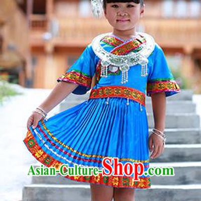 Traditional Chinese Miao Minority Nationality Costume Hmong Folk Dance Blue Dress for Kids