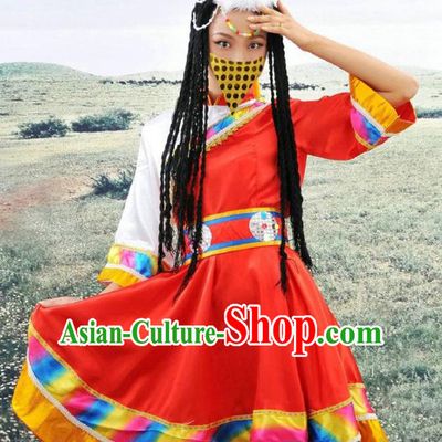 Traditional Chinese Mongols Minority Nationality Costume Mongolian Folk Dance Red Dress for Women