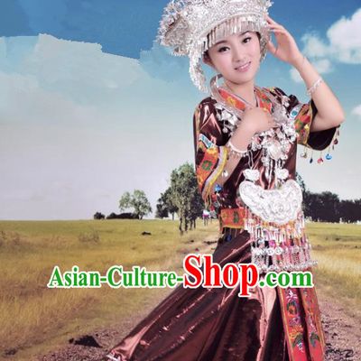 Traditional Chinese Miao Minority Nationality Wedding Embroidered Costume and Headwear Complete Set for Women