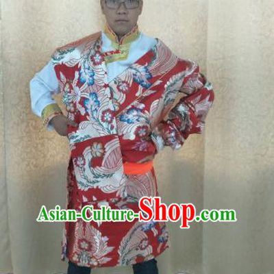Traditional Chinese Zang Nationality Costume, Tibetan Ethnic Minority Kang-pa Red Tibetan Robe for Men