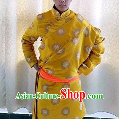 Traditional Chinese Zang Nationality Costume, Tibetan Ethnic Minority Kang-pa Yellow Tibetan Robe for Men