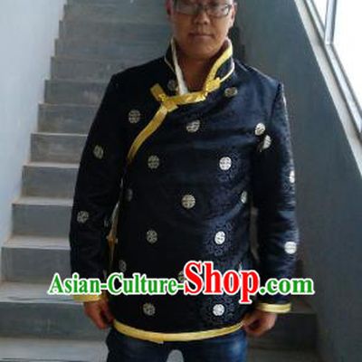 Traditional Chinese Zang Nationality Costume Black Cotton-padded Jacket, Tibetan Ethnic Minority Coat for Men