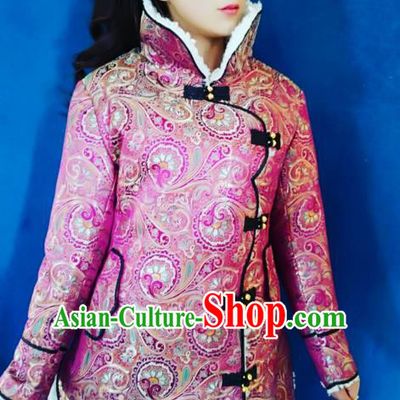Chinese Tibetan Nationality Dance Costume, Traditional Zang Ethnic Minority Pink Cotton-padded Jacket for Women