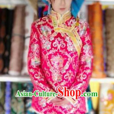 Chinese Tibetan Nationality Dance Costume Pink Coat, Traditional Zang Ethnic Minority Cotton-padded Jacket for Women