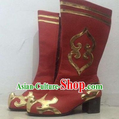 Traditional Chinese Zang Nationality Dance Shoes, Tibetan Ethnic Minority Red Boots for Women