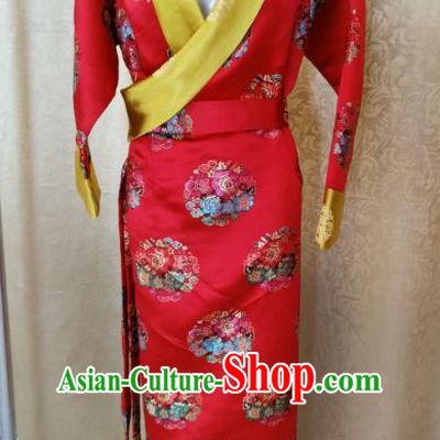 Chinese Tibetan Nationality Costume, Traditional Zang Ethnic Minority Red Tibetan Robe for Women
