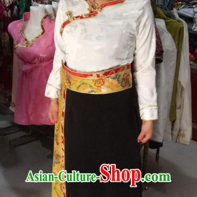 Traditional Chinese Tibetan Nationality Guozhuang Dance Costume, Zang Ethnic Minority Embroidery Dress for Women