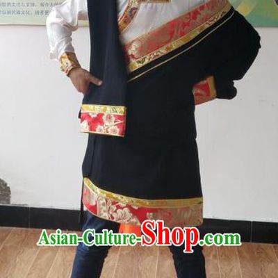 Traditional Chinese Zang Nationality Costume, Tibetan Ethnic Minority Black Tibetan Robe for Men