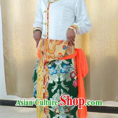 Traditional Chinese Tibetan Nationality Guozhuang Dance Costume, Zang Ethnic Minority Green Dress for Women