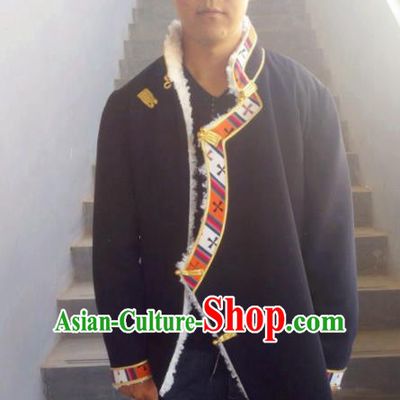 Traditional Chinese Zang Nationality Dance Costume Cotton-padded Jacket, Tibetan Ethnic Minority Shirt for Men