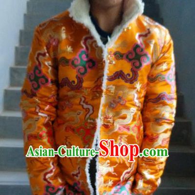 Traditional Chinese Zang Nationality Costume Cotton-padded Jacket, Tibetan Ethnic Minority Golden Coat for Men